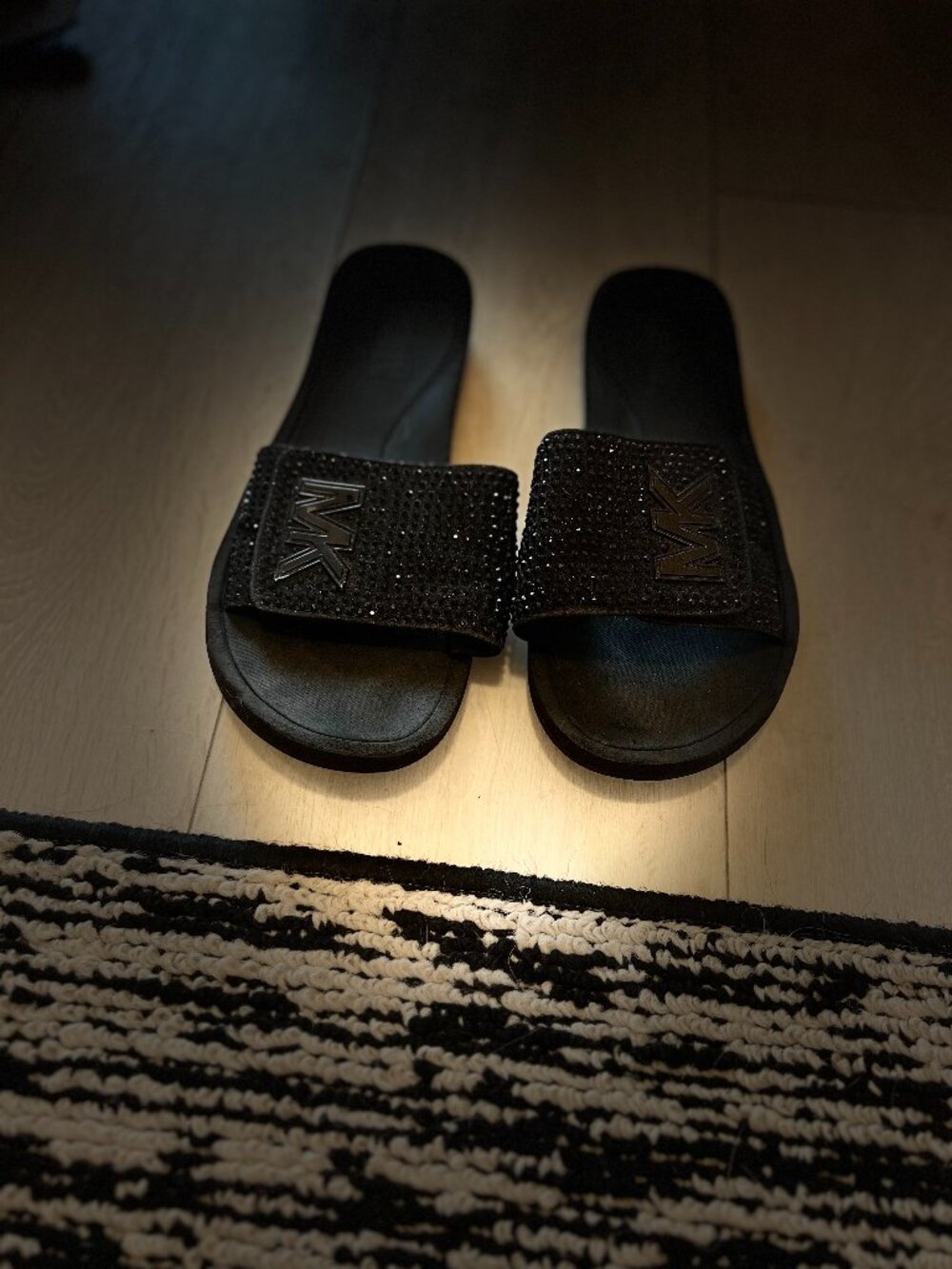 Michael Kors Black Crystal Rhinestone Logo Slide Sandals ✨